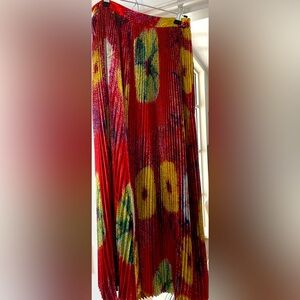 Vibrant Oxblood Green and Yellow Pleated Ulla Johnson Maxi Skirt